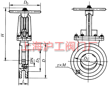PZ73H、PZ73F、PZ73Y 型手動(dòng)刀型閘閥(刀閘閥)外形及結(jié)構(gòu)尺寸示意圖