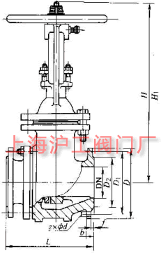 PZ41H 型 PN10~PN63 排渣閘閥主要外形及結(jié)構(gòu)尺寸示意圖