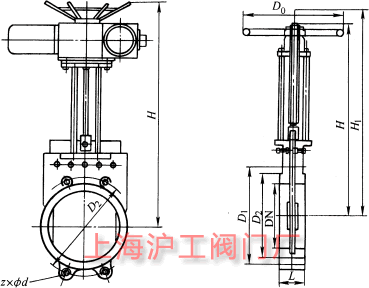 Z73X、Z373X 型 PN2.5~PN16 鑄鐵對夾式漿液閥主要外形及結構尺寸示意圖